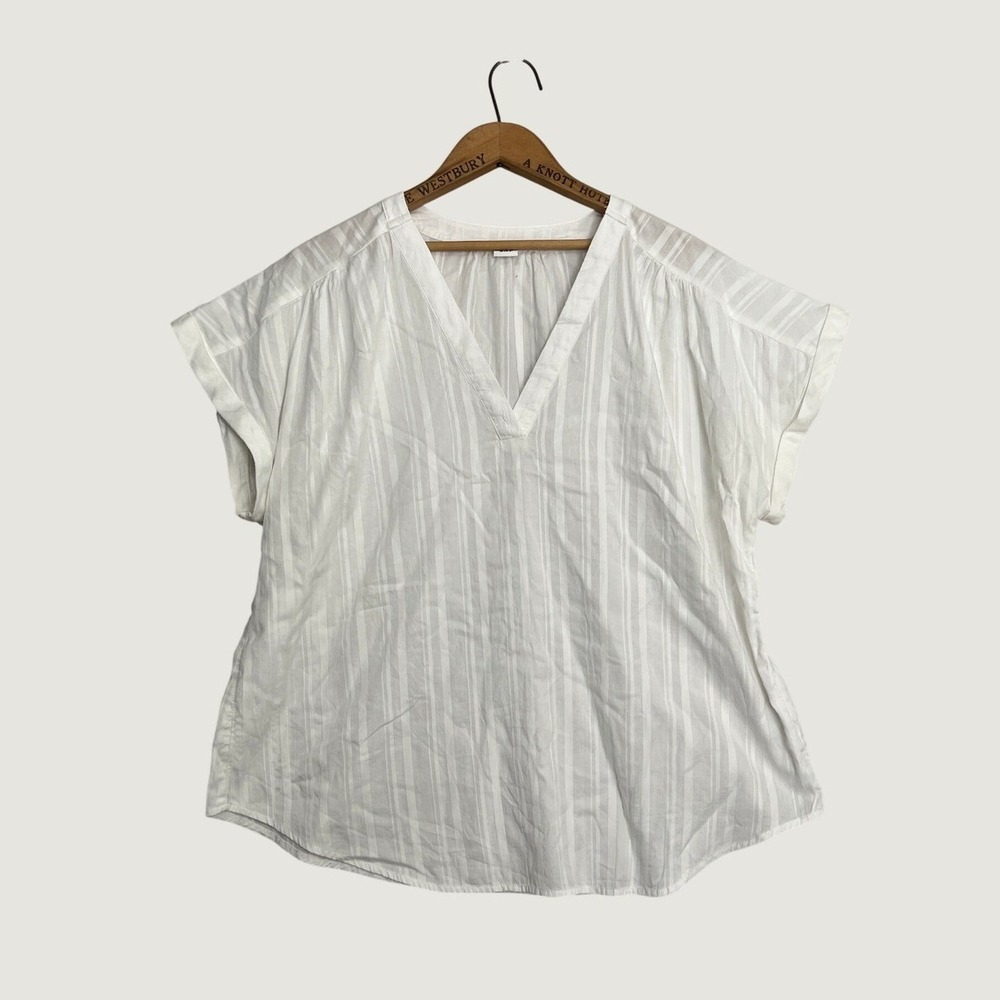 GAP Womens XL White Tonal Stripe V-Neck Short Sleeve Relaxed Blouse Top